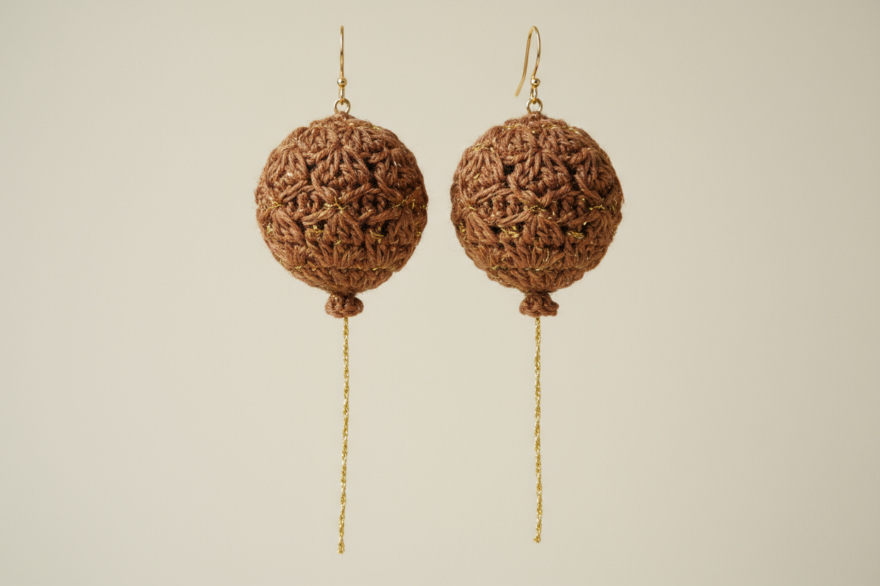 orecchini a forma di palloncino marroni con brillantini doro fstti ad uncinetto